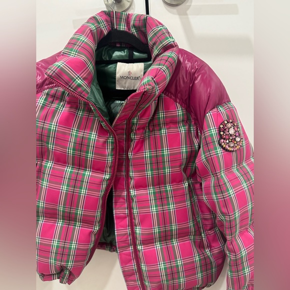 Moncler Jackets & Blazers - Moncler Vibrant Pink and Green Plaid Kids Puffer Jacket